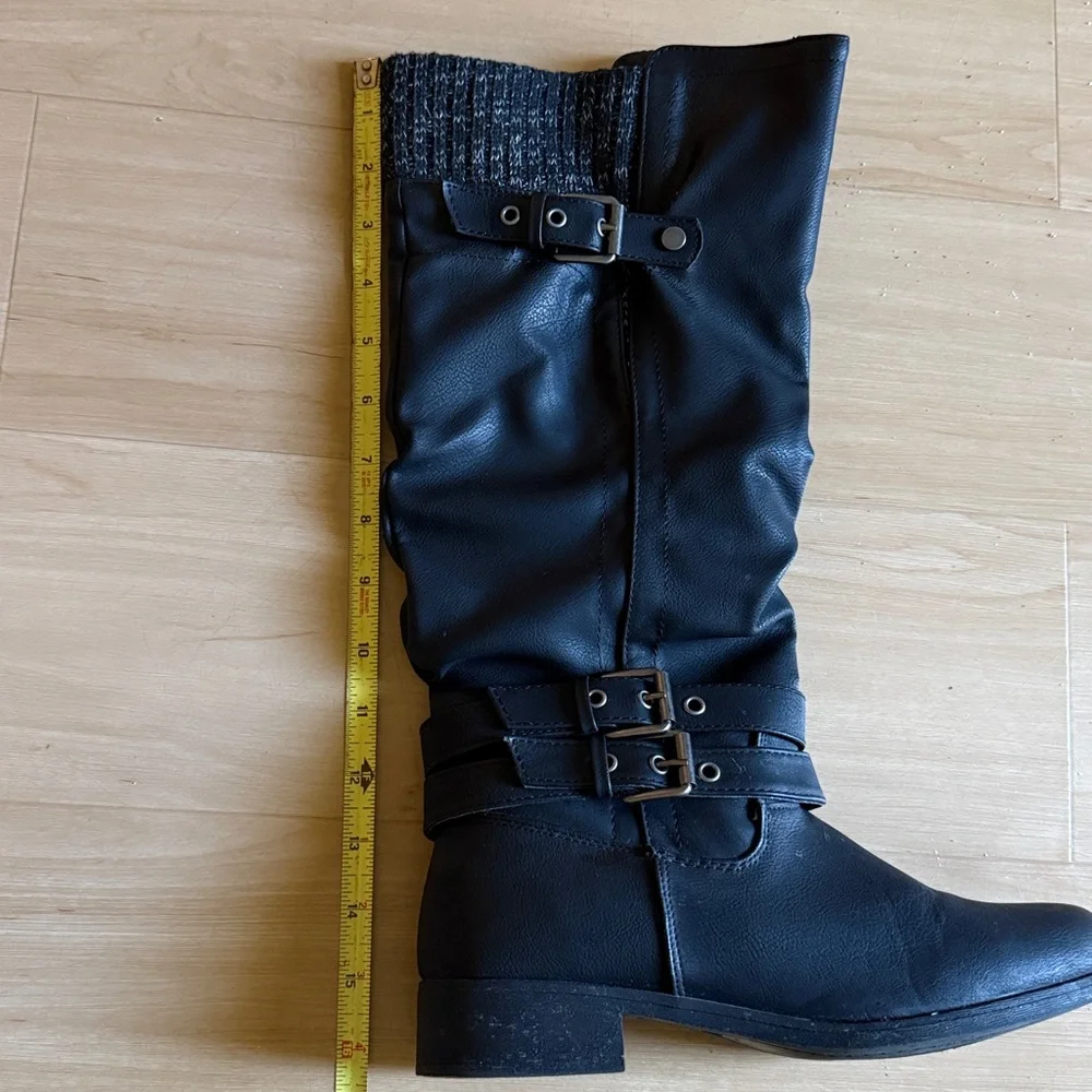 WOMENS KNEE HIGH BLACK SWEATER WESTERN RIDING BOOTS VEGAN LEATHER EUC SZ 8.5